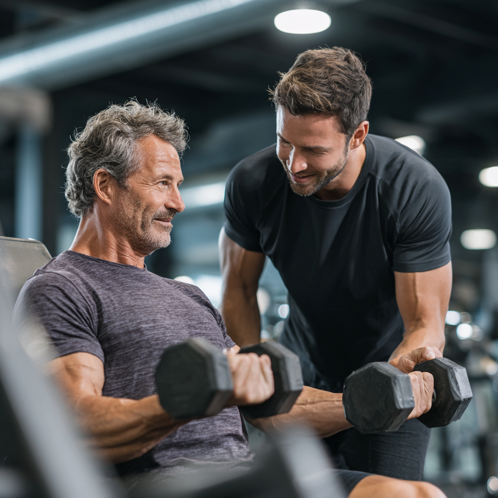 Professional fitness trainer working with middle-aged client in modern gym