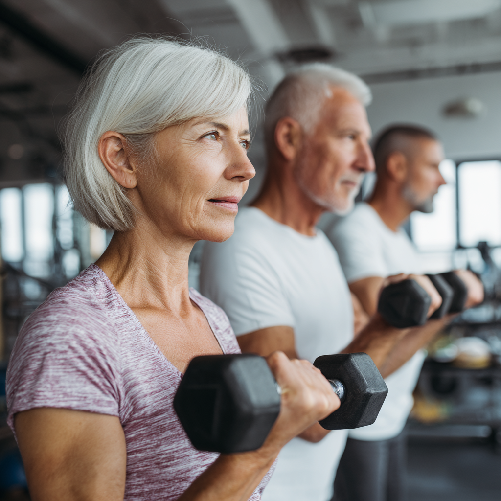 White ukranian group of mature adults doing strength training in professional fitness center
